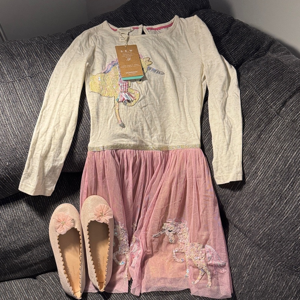Unicorn Print Kids Casual Dress - Pink & Cream with shoes - NWT